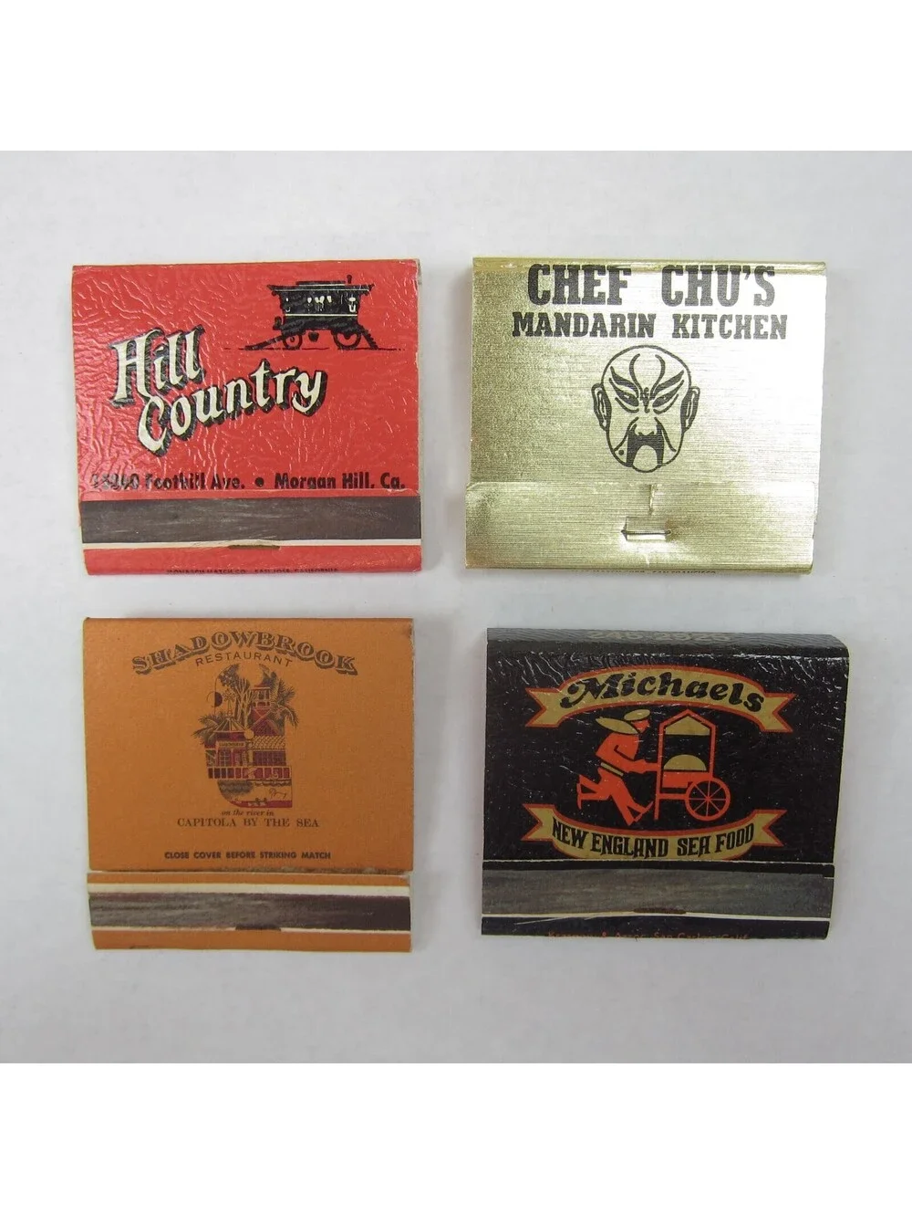 4 Matchbook Covers Hill Country, Shirt Tail, Tarr & Feathers Saloon, Michaels CA